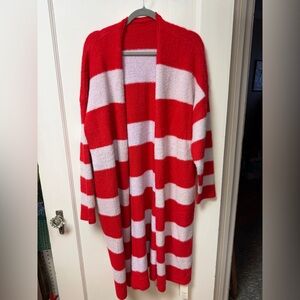 Women's Red and Lavender Striped Open Cardigan Sweater